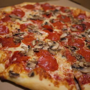 Large pepperoni and mushroom pizza