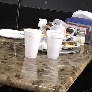 a dirty table with plates and cups