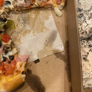 Their greasy, soaked crust olive &quot;special&quot; pizza. Really. This much grease? Dominos and papa Johns does better.