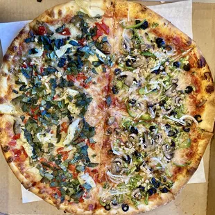 Half vegetarian, half Weight Watchers pizza. (Non-Weight Watchers amount of cheese though)