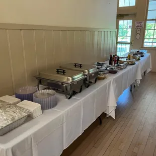a buffet table with food on it