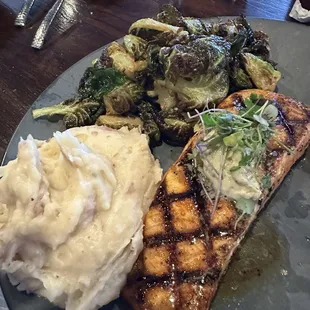 Salmon + Garlic Mashed Potatoes + Honey Brussel Sprouts