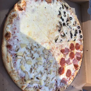 2 slices of: cheese, mushroom and olives, pepperoni and ham, pineapple and chicken