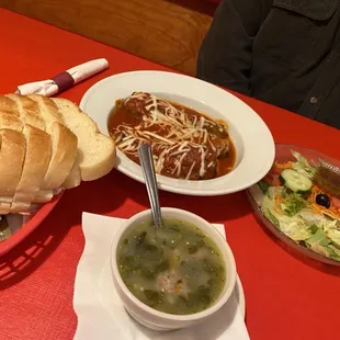 Wedding soup,salad,stuffed banana peppers,Italian bread!