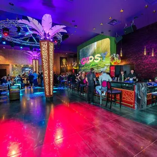 people sitting at tables in a brightly lit room