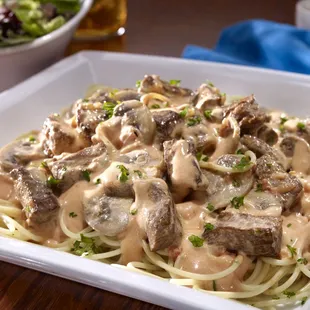 Spaghetti &amp; Filet Mignon Tips in Stroganoff sauce