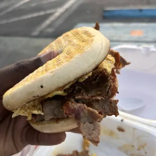 a hand holding a sandwich