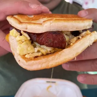 Pancake sandwich filled with sausage and scrambled
