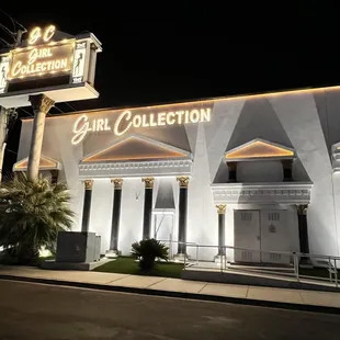 the front of the building at night