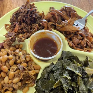 Pulled pork, pulled chicken, beans, and greens.