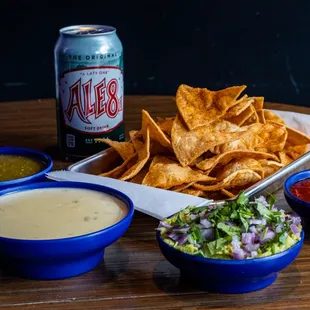 chips, queso, salsas, guac and a ale-8