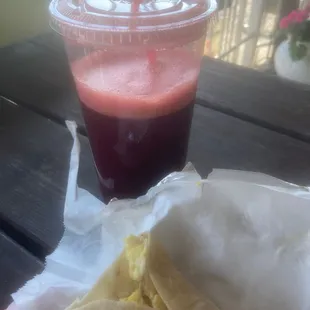 Potato and eggs taco and  beet juice