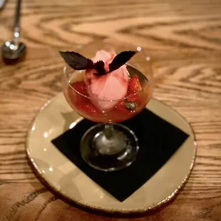 Strawberry gelato in strawberry broth garnished with basil