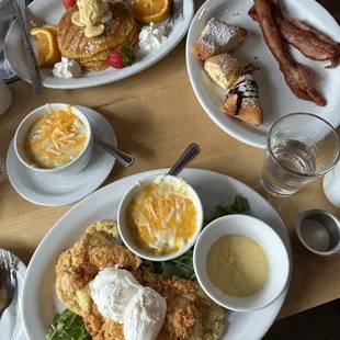 Pumpkin pancakes (top) &amp; Fried chicken Benedict (bottom) - and two sides of cheesy grits!