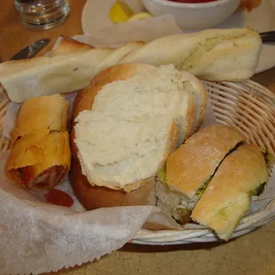 Bread basket - checkout the bread w/salami and the bread w/pesto sauce - yum!