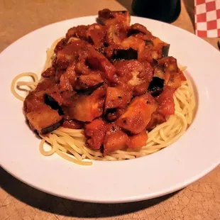 Capellini with eggplant, tomato in marinara