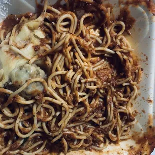 Thick crappy sauce.  Not bolognese.  Cheese piled in one corner.  2/10. Most of the spaghetti was just a couple inches long.
