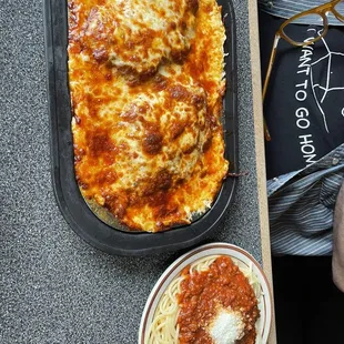 Chicken Parmigiana Giuseppes with side of spaghetti