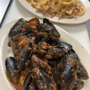 Muscles marinara, appetizer, fried calamari appetizer