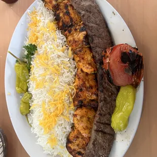 Chicken and koobideh kabob plate