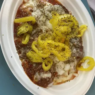 Bun-less meatball sub with banana peppers