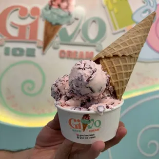 a hand holding a cup of ice cream