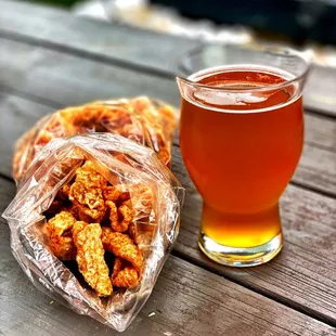 Bee Keeper Wheat Beer with Cajun Fried Pork Rinds (from Chapel Hill, NC)!!!