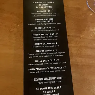 Happy hour menu
