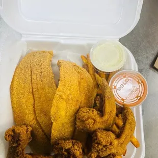 3 Wing and 2 Catfish combo with Fries and Drink.