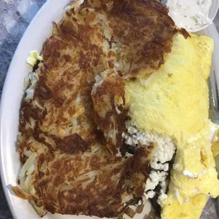 Greek omelet with hash browns extra crispy :)