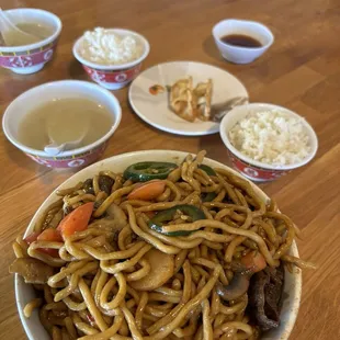 Mongolian BBQ lunch bowl; served with rice, potsticker &amp; soup. Under $15.