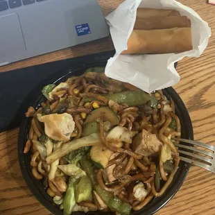 Veggie Custom Bowl with veggie egg rolls and 1 potsticker