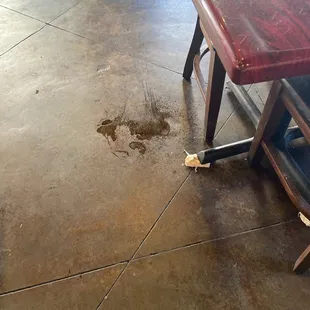 Filthy floors and napkins under tables.