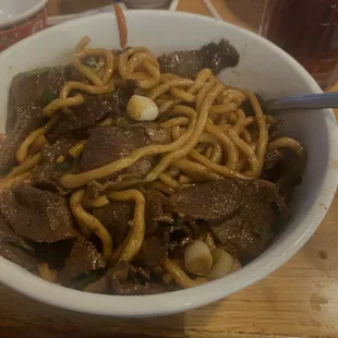 Bowl of beef, green onions, and noodles.