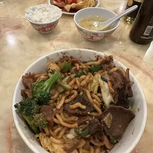 My bowl with egg drop soup &amp; Won ton Chips w sweet n&apos; sour sauce.