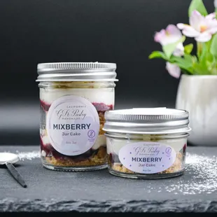 two jars of cake mix on a table