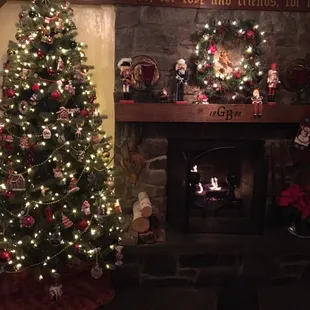 a christmas tree in front of a fireplace