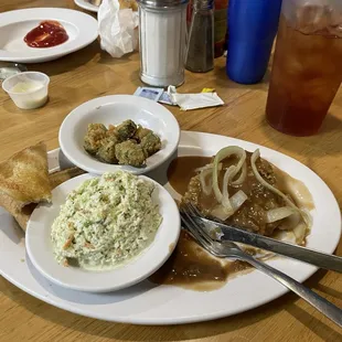 Country fried steak, coleslaw, and fried okra.