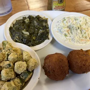 Fried Okra, turnip greens, hush puppies and the best coleslaw ever!