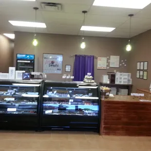 a display case in a bakery