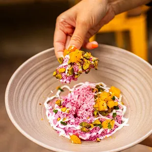 ROASTED BEET DIP -
Pistachio, orange, mint, pita chips