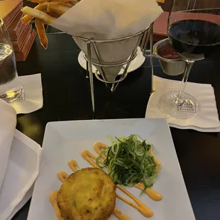 a plate of food and a glass of wine