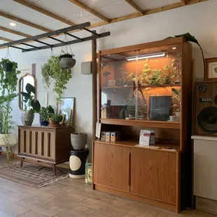 a living room with wood furniture