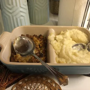 Stuffing on the left and mashed potatoes in the right!  Great comfort food!