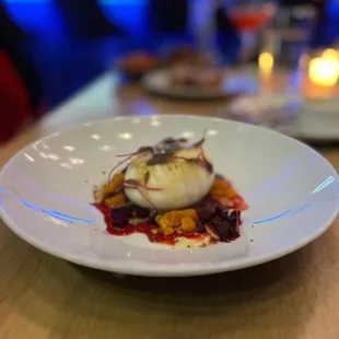 BURRATA- beets, orange, hot honey, polenta focaccia Vegetarian