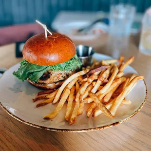 Super G burger Catalina Flyer style (+ crab cake) / $22 + Duck fat fries / $3