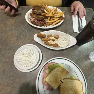 Rueben Sandwich with Hand-Cut Fries special, mozzarella sticks (comes with 5, already ate a few), side of cottage cheese, Ham Combo Sandwich