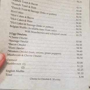 a menu for breakfast
