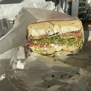 Lox Bagel. This is TOP 3!!!! So good sprouts, cucumbers and tomatoes are sooo fresh.  I got double lox ($5 extra) SOOO WORTH IT!