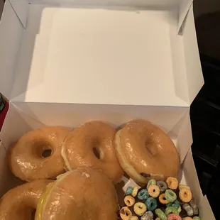 Glazed donuts, glazed lemon filled and chocolate glazed with fruit loops (my son loved it).